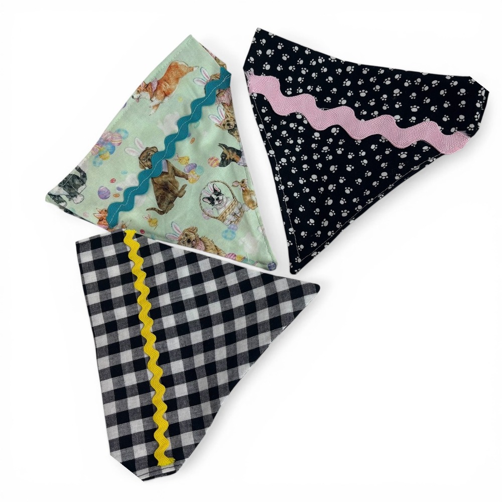 Handmade Dog Bandana Set of 3 Easter Dogs Buffalo Plaid Bone Print Rickrack Trim